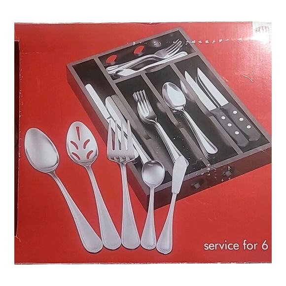 Stainless Steel Flatware 42p Service For 6 With Wooden Caddy New In Box - Picture 2 of 6